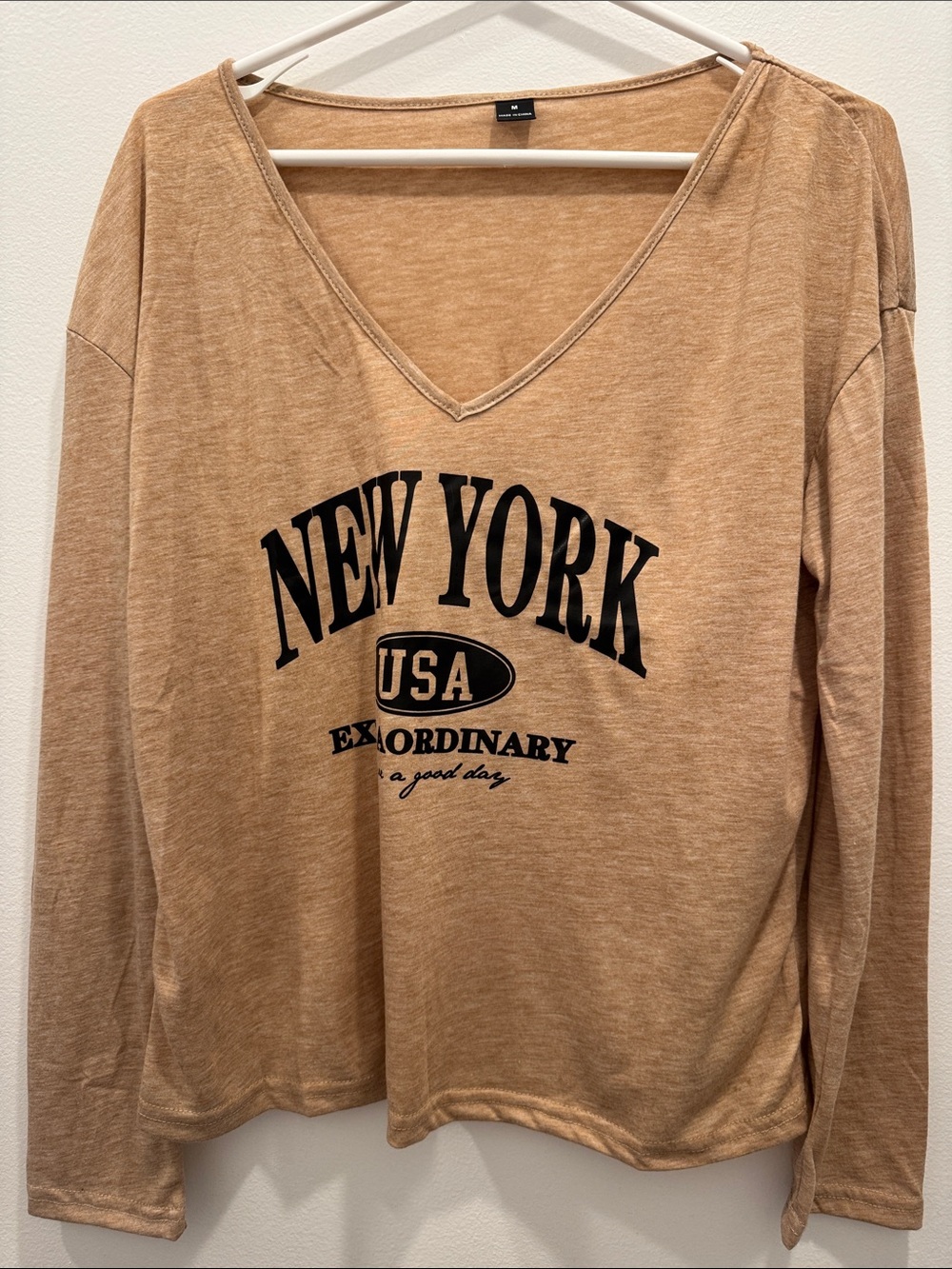 New York USA V-Neck Long Sleeve Top - Tan